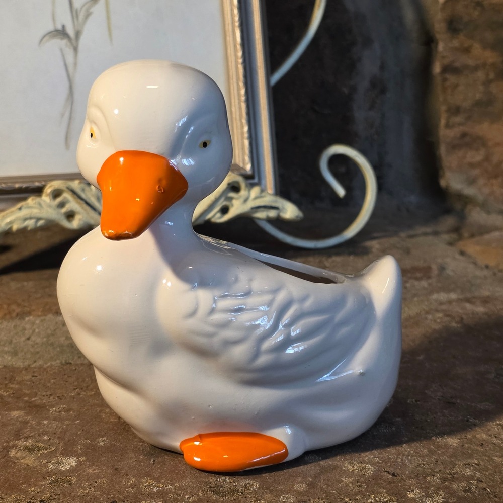 Vintage Ceramic Duck Planter White Orange Beak with Knit Hat and Scarf Christmas